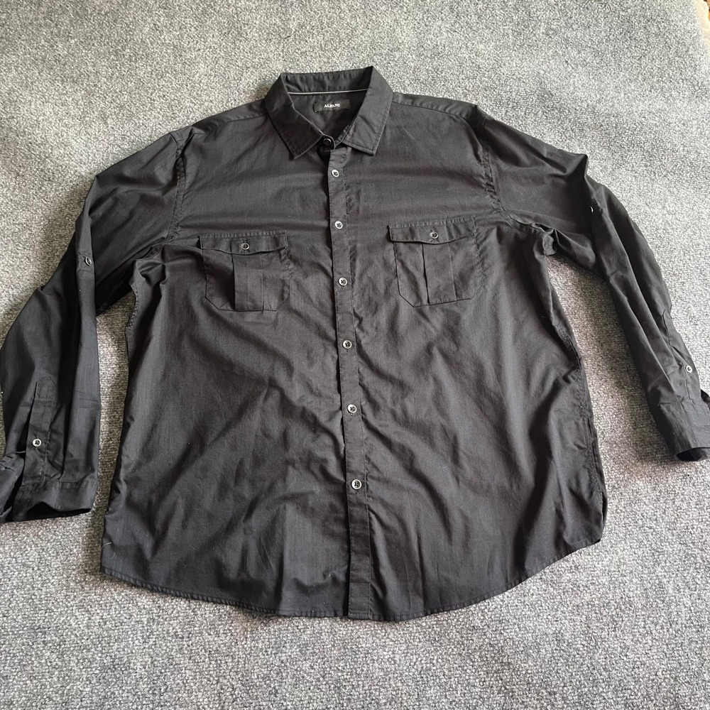 Alfani Mens XXL Black Utility Button Up Shirt Long Sleeve RollTab Pockets Cotton